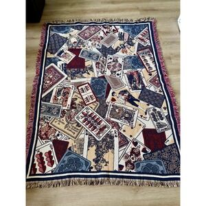 Vtg Goodwin Weavers Playing Cards Woven Cotton Throw Blanket Fringed USA 67x48
